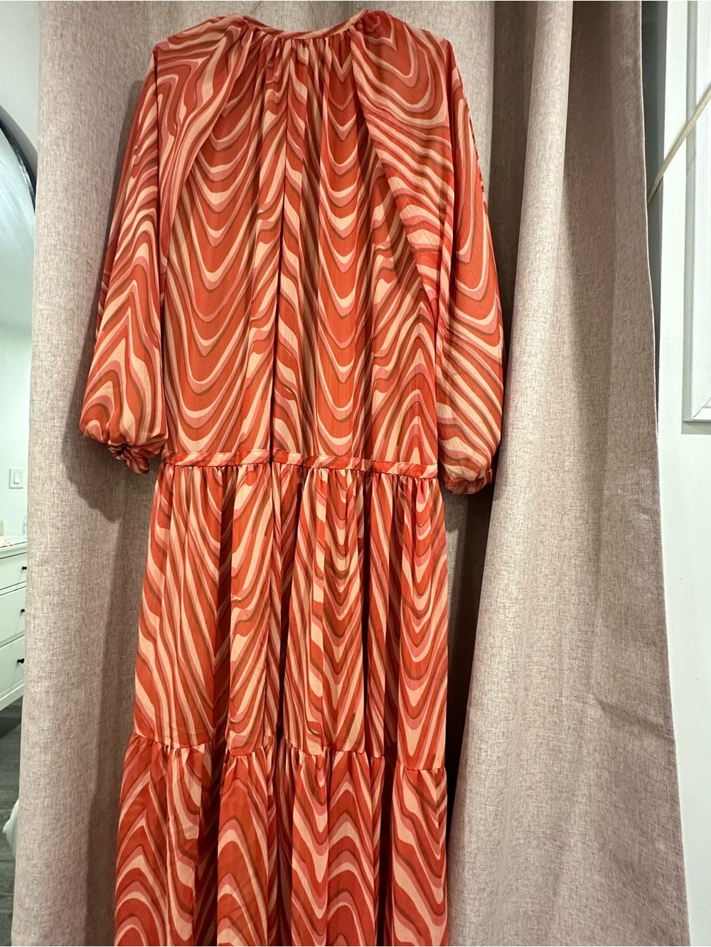 Women's Tiered Long Sleeve Dress in Rust Swirl Print - Modest Dress